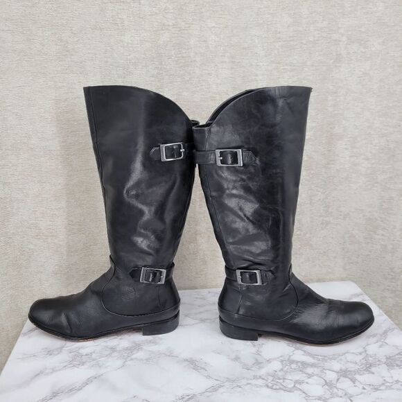 Modern Vintage Janet Black Knee High Tall Leather Riding Boots with Buckles - Picture 5 of 14
